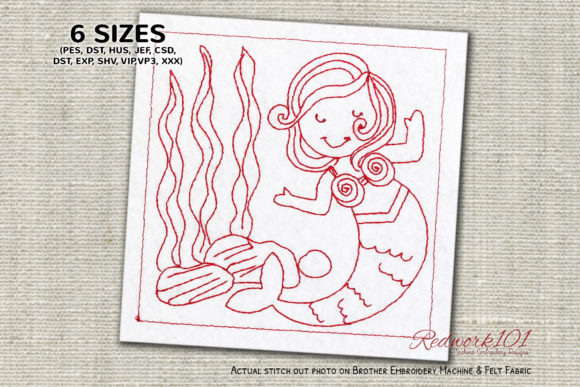 Beautiful Mermaid Redwork for Seasonal Embroidery